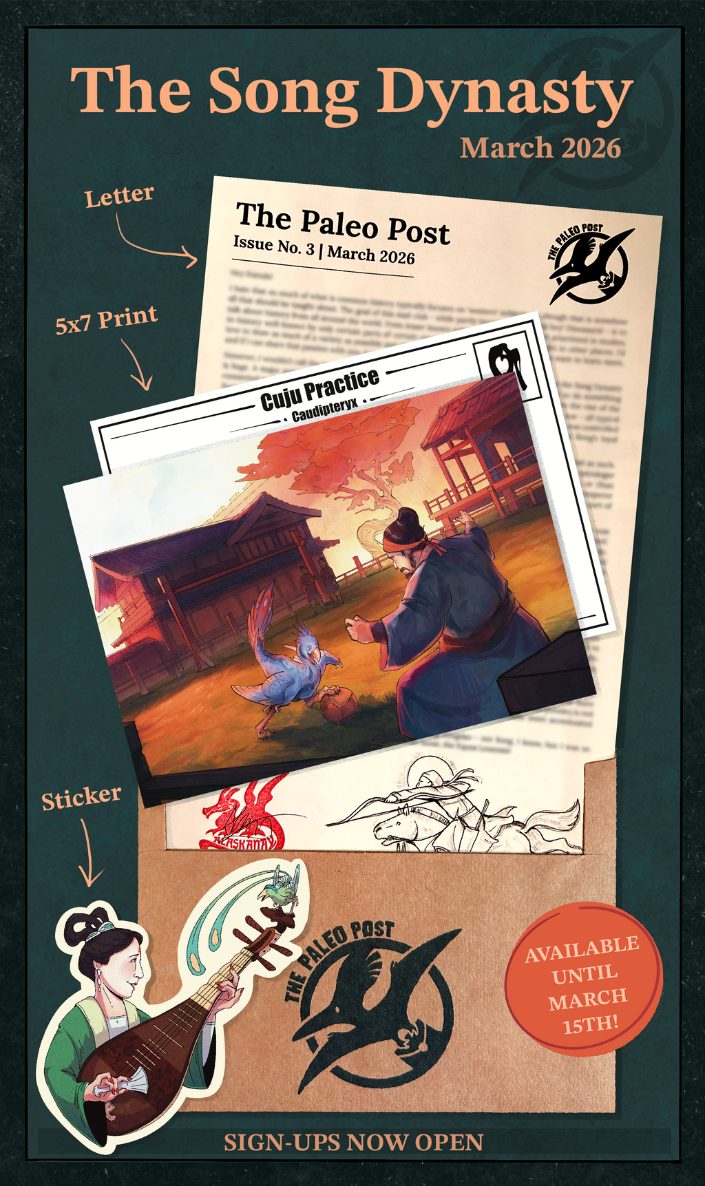 A page that shows a print of a Caudipteryx playing Cuju with Emperor Taizu of the Song Dynasty, a sticker featuring a musician playing a pipa with a Confuciusornis, and a letter with a sketch of a person riding an Equus Lenensis.