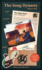 A page that shows a print of a Caudipteryx playing Cuju with Emperor Taizu of the Song Dynasty, a sticker featuring a musician playing a pipa with a Confuciusornis, and a letter with a sketch of a person riding an Equus Lenensis.