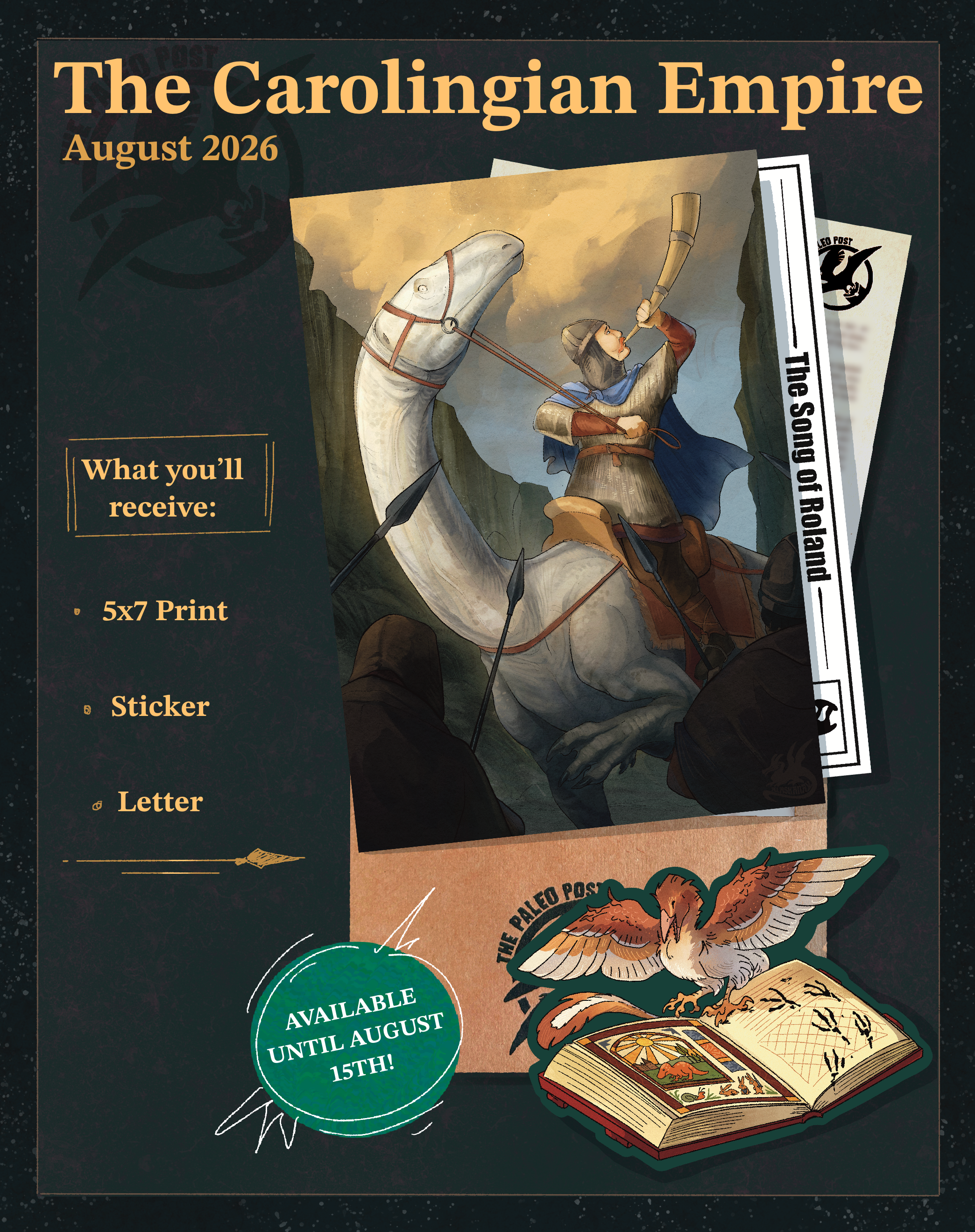 Promotional graphic for 'The Carolingian Empire' August 2026 print set, showing a medieval illustration of a knight on a white Plateosaurus, with included items listed as a 5x7 print, sticker, and letter on a dark textured background.