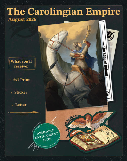 Promotional graphic for 'The Carolingian Empire' August 2026 print set, showing a medieval illustration of a knight on a white Plateosaurus, with included items listed as a 5x7 print, sticker, and letter on a dark textured background.