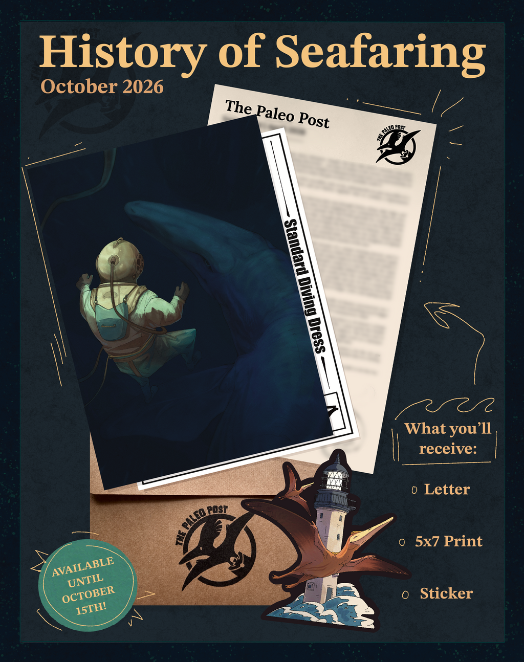 Advertisement showing 5x7 print featuring a mosasaurus and diver, as well as a sticker featuring pterosaurs near bell rock lighthouse. 