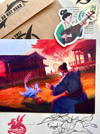 Print and sticker atop a letter. The print depicts a man playing cuju with a dinosaur (a caudipteryx) and the sticker depicts a woman playing the pipa with a confusciusornis (a dinosaur) beside her. 
