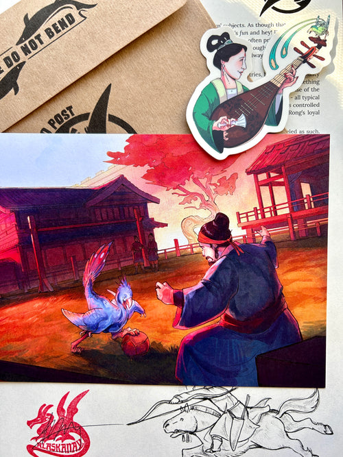 Print and sticker atop a letter. The print depicts a man playing cuju with a dinosaur (a caudipteryx) and the sticker depicts a woman playing the pipa with a confusciusornis (a dinosaur) beside her. 