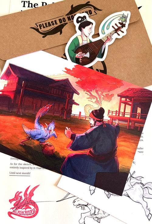 Print and sticker atop a letter. The print depicts a man playing cuju with a dinosaur (a caudipteryx) and the sticker depicts a woman playing the pipa with a confusciusornis (a dinosaur) beside her. 