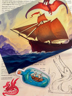 A hatzegopteryx flying above a pirate sloop on a 5x7 print, a letter, and a sticker featuring a ship in a bottle
