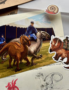 Collage featuring items for sale - a 5x7 print with a cavalry soldier riding on dinosaurs, a sticker with a triceratops and a cowboy, and a sketch of a Utahraptor in a cowboy hat.