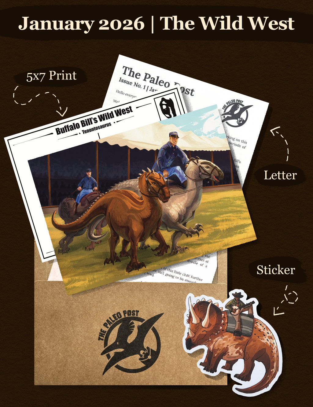 Promotional image of 'The Paleo Post' with a 5x7 print, letter, and sticker featuring a prehistoric scene.