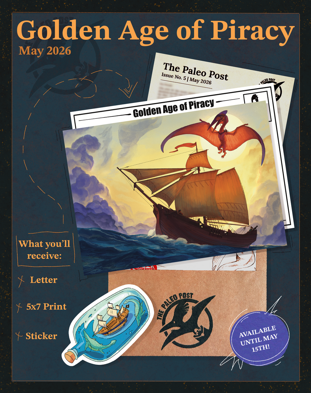 A graphic featuring a print (with a pirate ship and a Hatzegopteryx) and a sticker (with a frigate and a pair of galladrosauruses). 